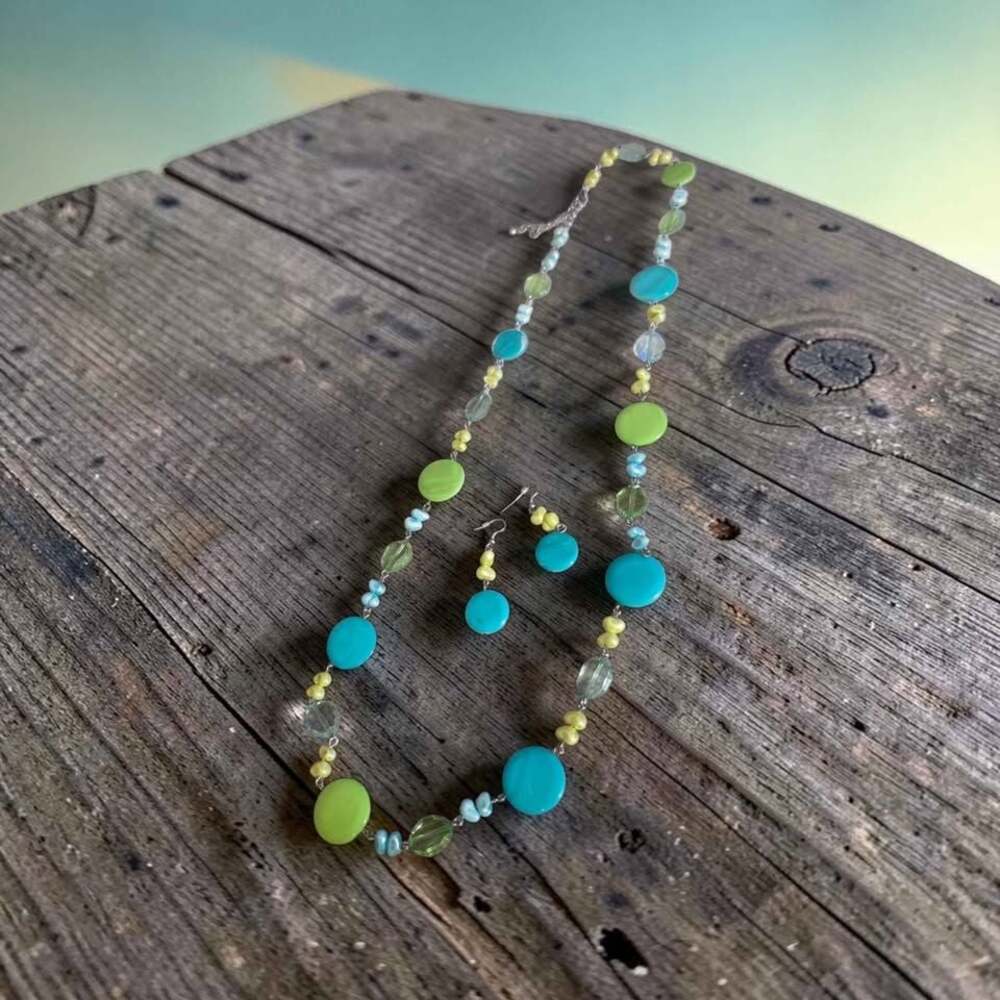 Blue and Green Beaded Necklace and Earring Set